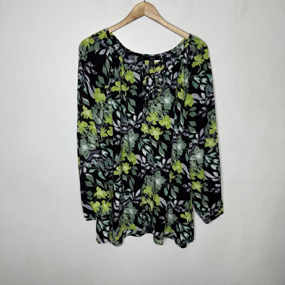 New‎ Ellos Tie Neck Floral Peasant Top Green Black Long Sleeve Womens Large